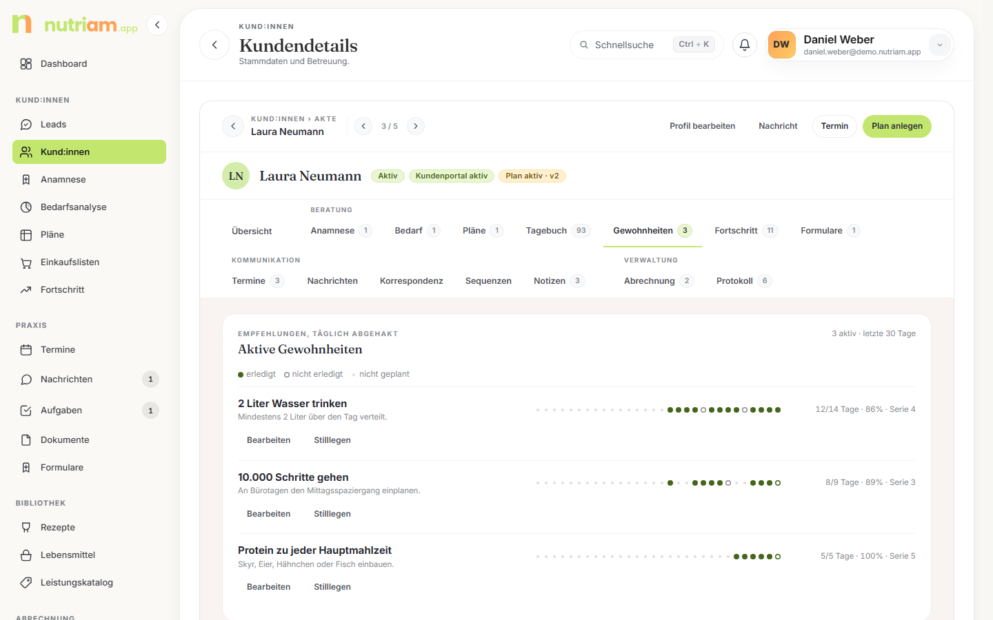 Tab „Gewohnheiten" mit einer Punktreihe je Gewohnheit