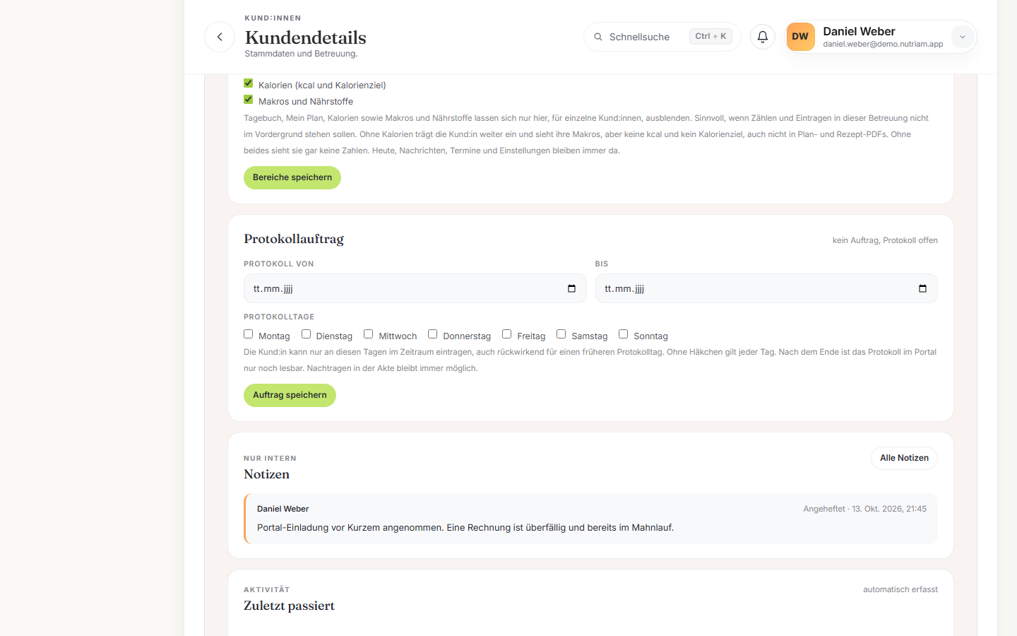 Block Protokollauftrag in der Übersicht der Kundenakte