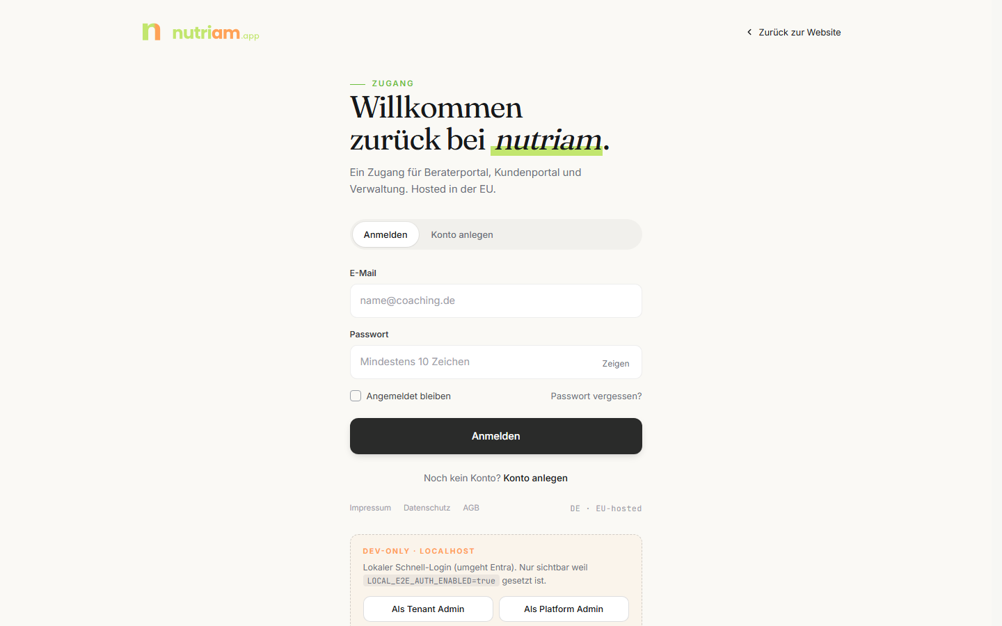 Anmeldeseite von nutriam mit E-Mail und Passwort