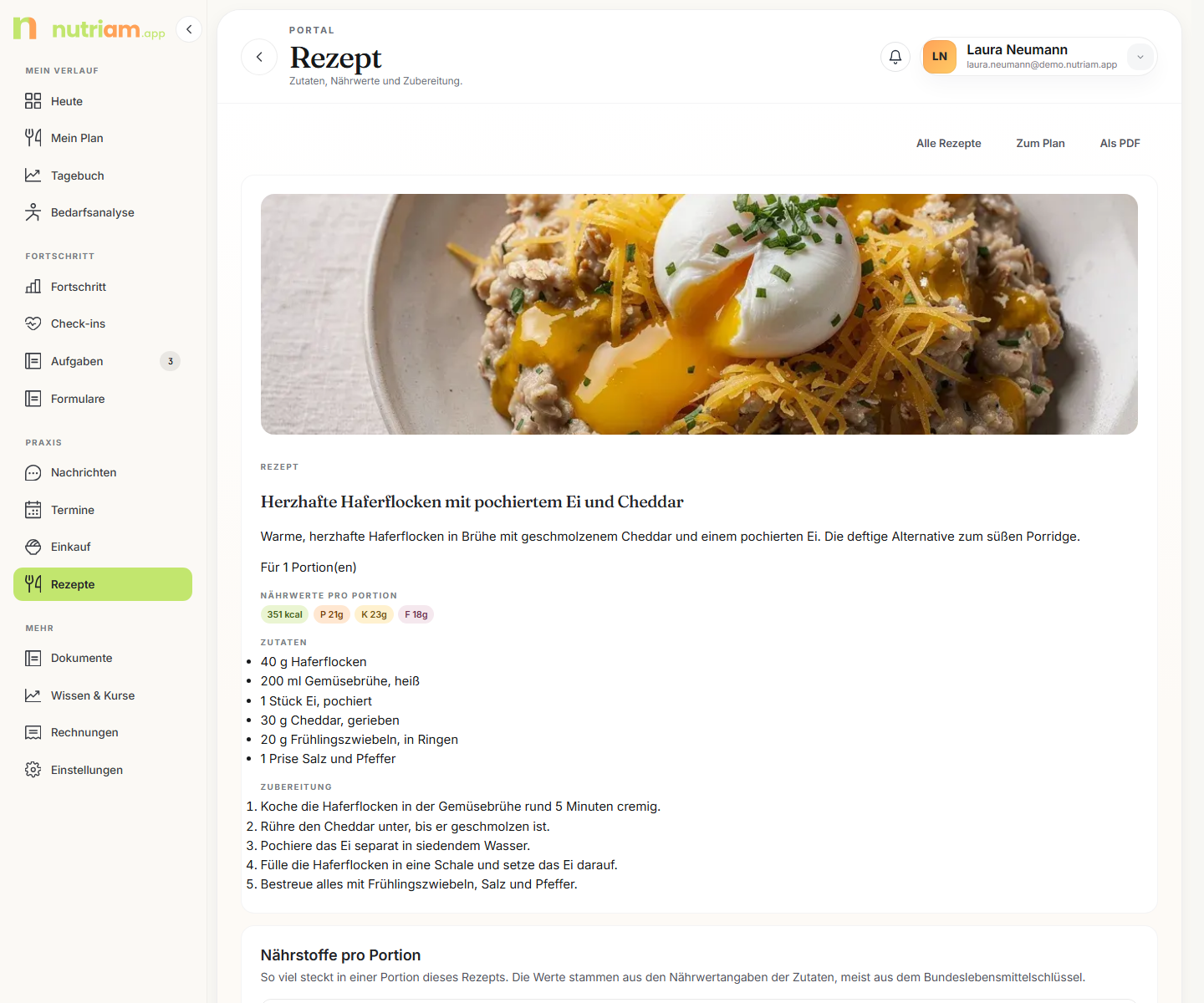 Rezept im Portal mit Bild, Zutaten, Zubereitung und darunter der Karte Nährstoffe pro Portion