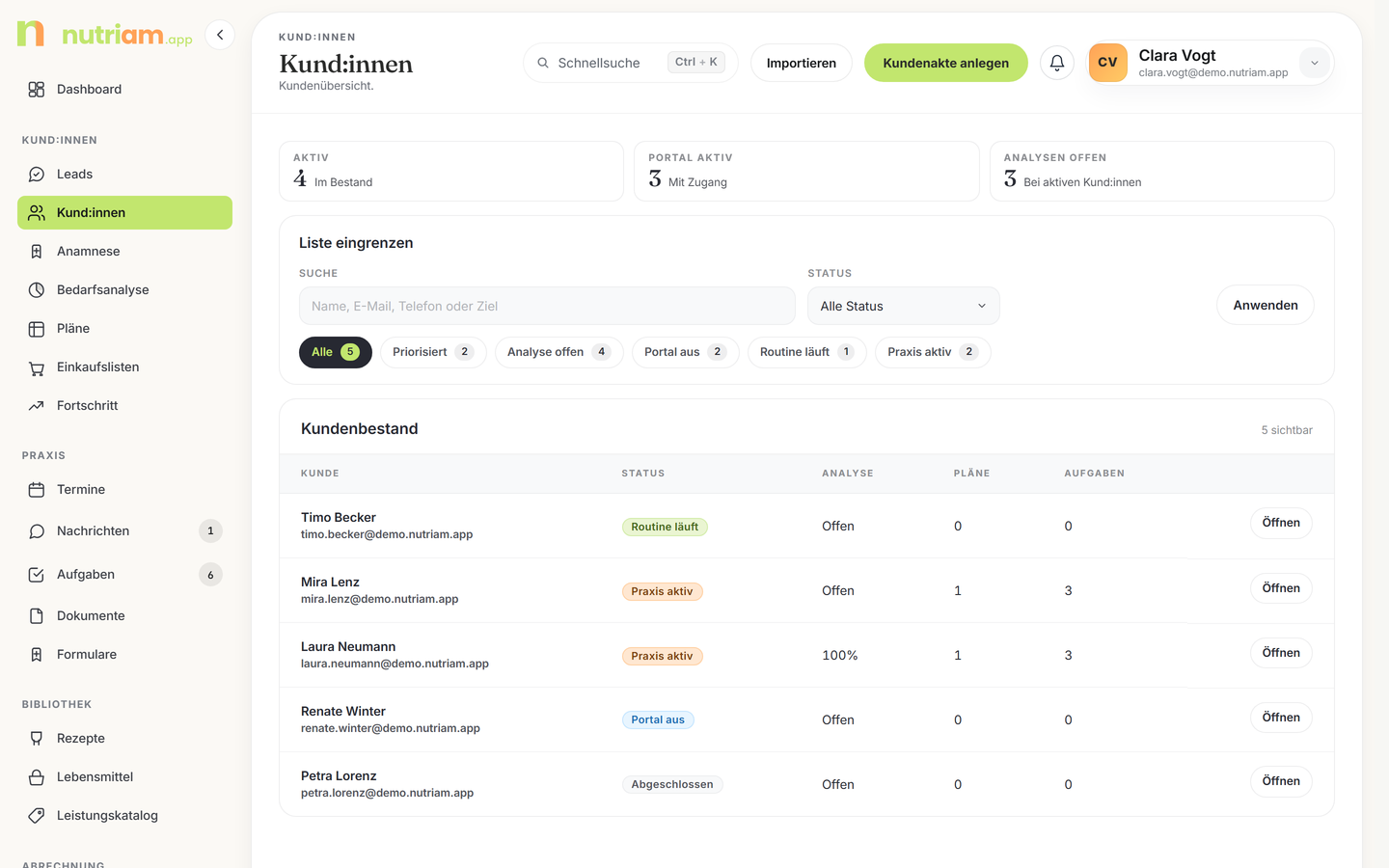 nutriam Beraterportal – Kundenliste
