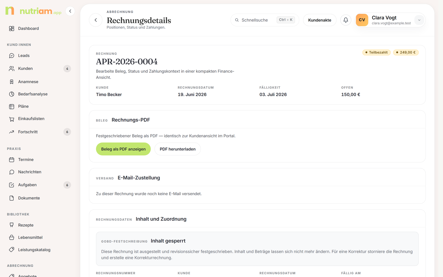 nutriam Beraterportal – Rechnungsdetail