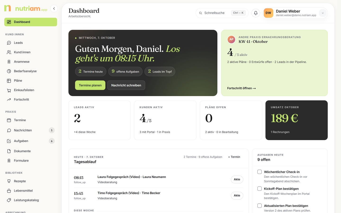 nutriam Beraterportal – Dashboard
