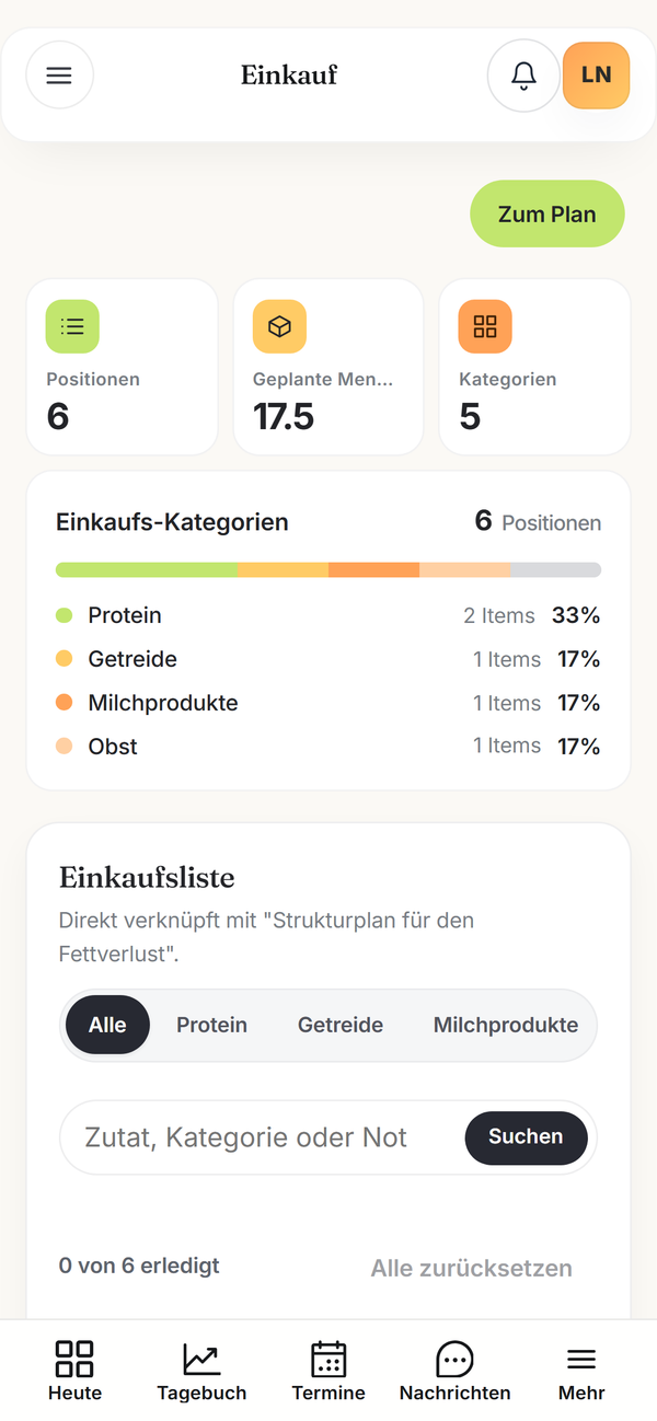 nutriam Kundenportal – Einkaufsliste